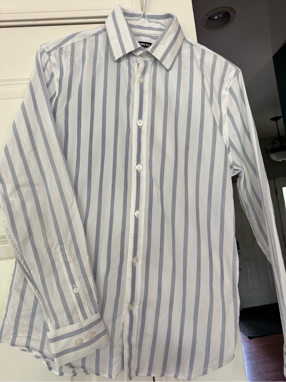 Express White Dress Shirt with Light Blue Stripes